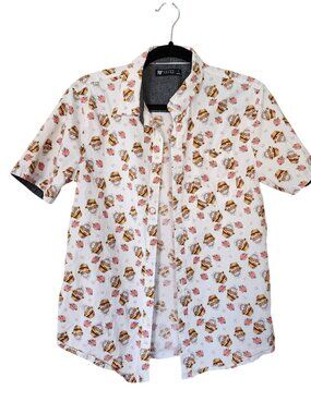 RF Brand skull in a bucket hat print button front short sleeve shirt mens size S